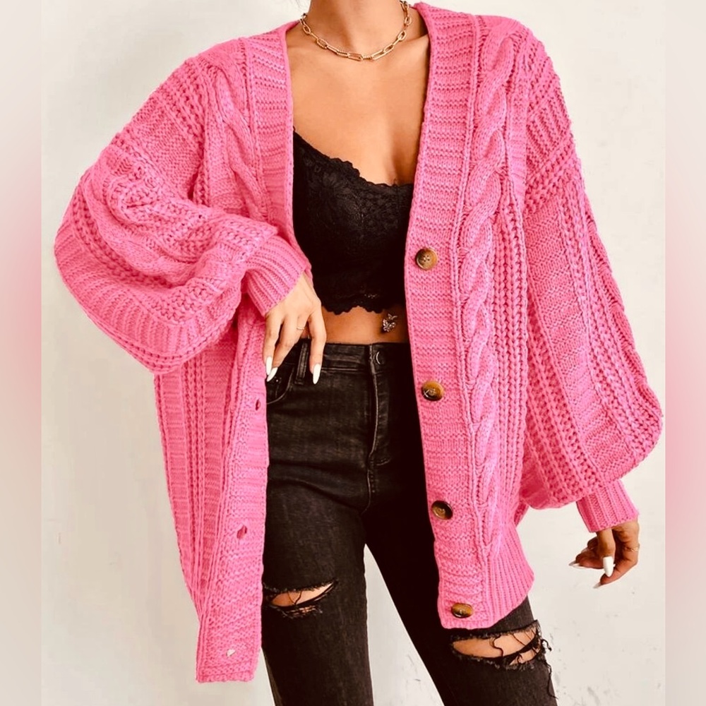 SHEIN CABLE KNIT CARDIGAN HOT PINK